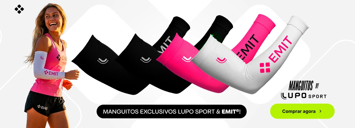 Corredora usando manguitos brancos EMIT ao lado de manguitos Lupo Sport & EMIT nas cores preto, rosa e branco, com chamada para compra.
