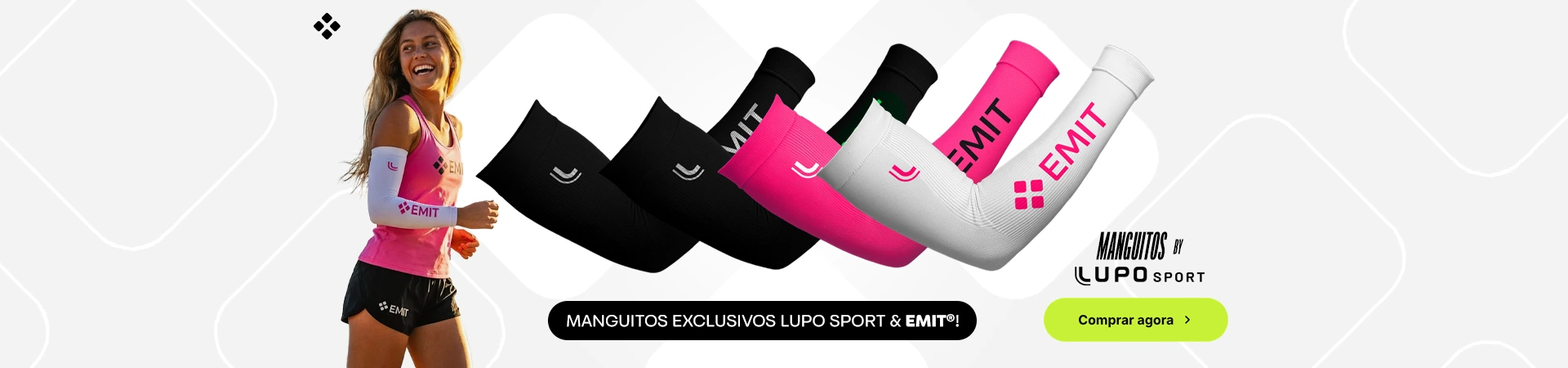 Corredora usando manguitos brancos EMIT ao lado de manguitos Lupo Sport & EMIT nas cores preto, rosa e branco, com chamada para compra.