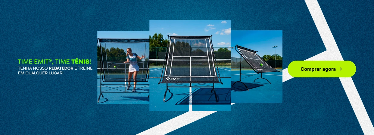 Banner publicitário do rebatedor de tênis portátil Emit, mostrando detalhes do produto em uso em uma quadra de tênis, acompanhado do texto descritivo de treino portátil e botão "Comprar agora".