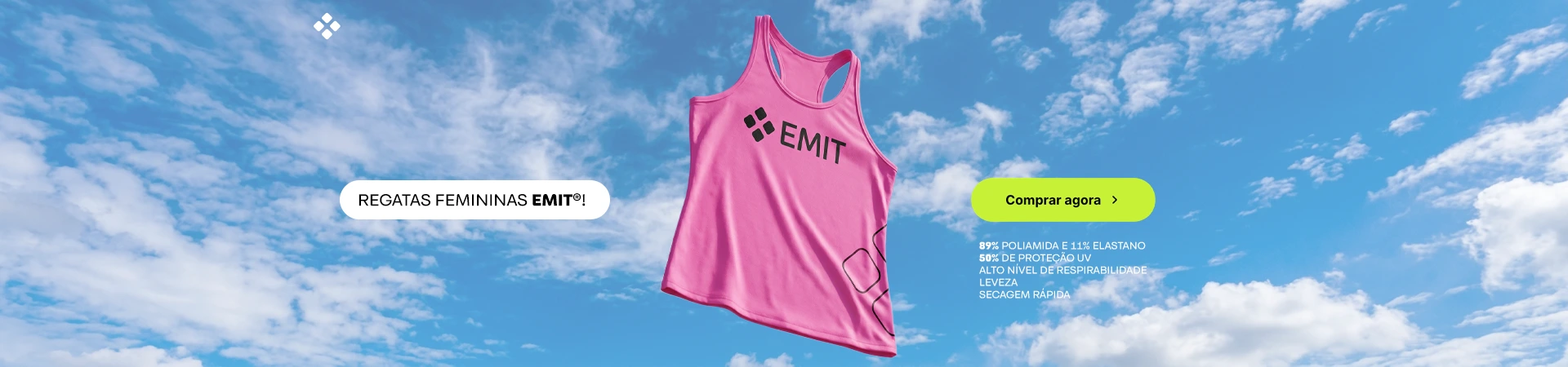 Regata feminina esportiva EMIT rosa com proteção UV, tecido leve e respirável de poliamida, ideal para treinos e atividades físicas.